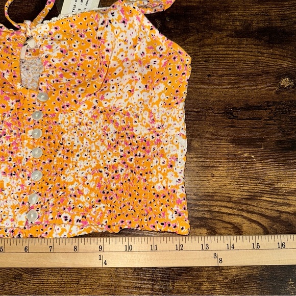 Sim & Sam Top Womens Medium Orange Ditsy Floral Smocked Ruffle Crop Y2K Boho NEW - Picture 9 of 10